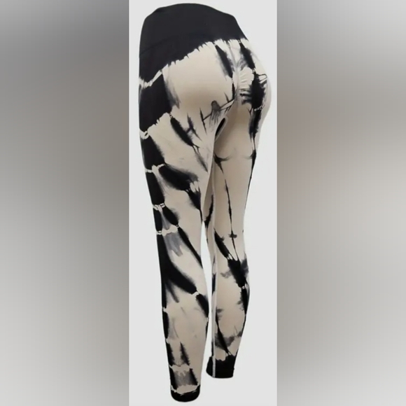 S/M Womens Seamless Tie Dye Leggings Cream Black - Picture 2 of 2